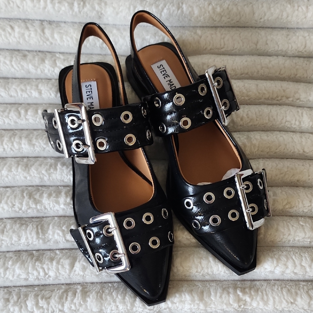 Steve Madden Black Graya Slingback Pointed Toe Flats with Buckle Detail